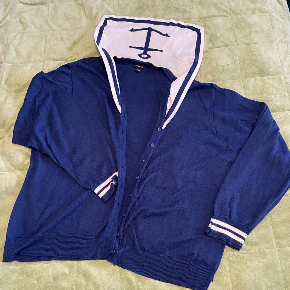 Torrid Blue Cardigan with White Hood